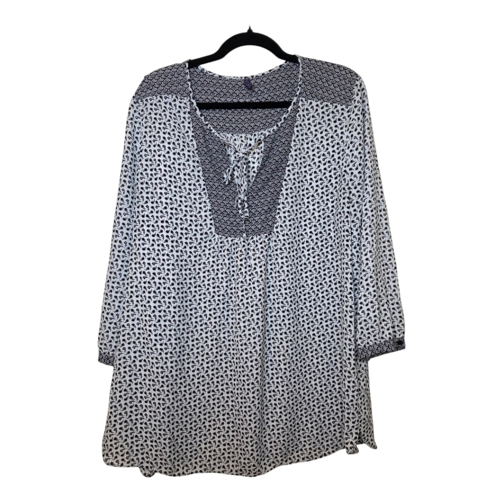 NYDJ Black‎ White Floral Contrasting Print Peasant Blouse Shirt - Size XL